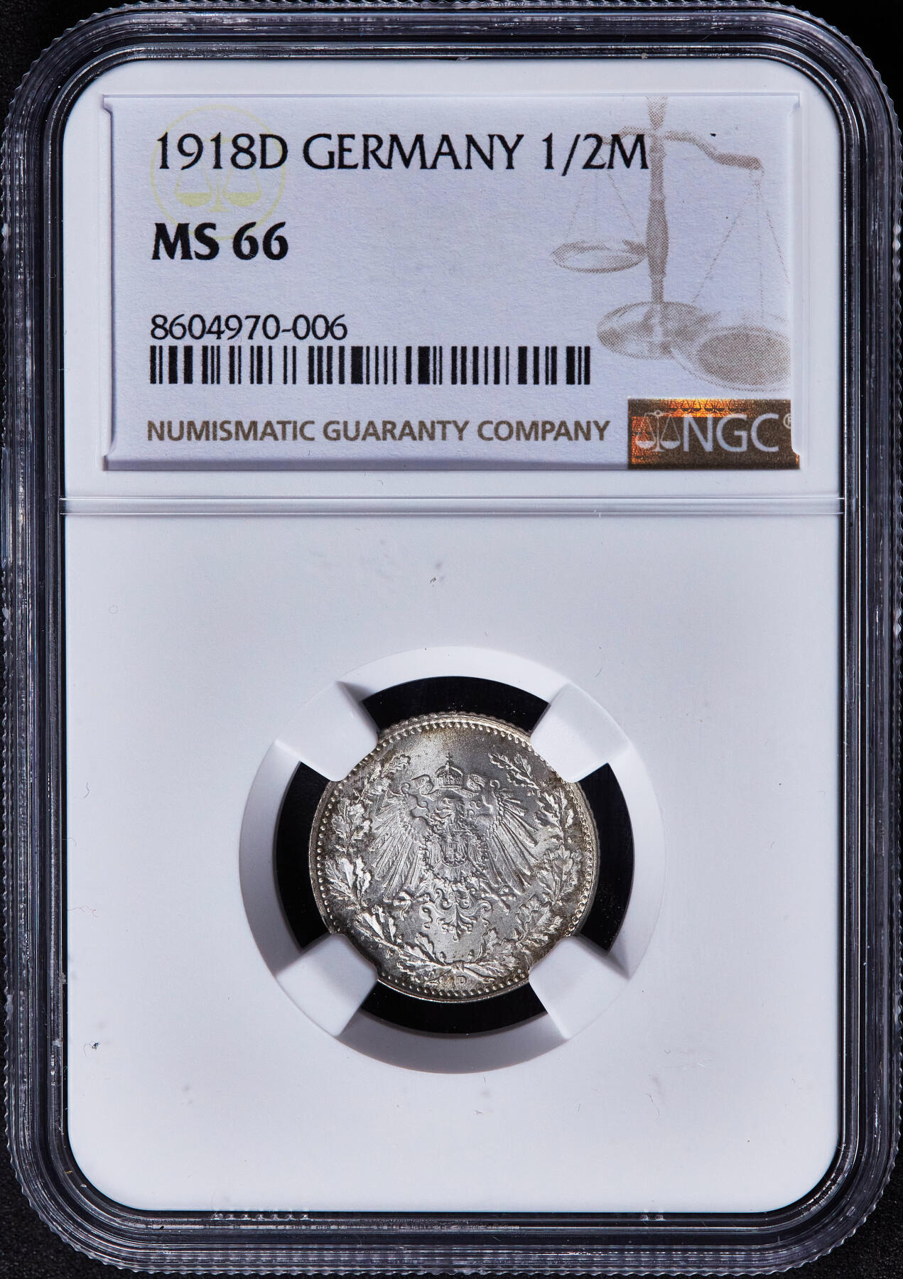 【俄甄集藏】2025年(045)12-03 星期三 晚 19:30 全场包邮 德国1918年威廉二世D版1/2马克银币，NGC MS66，黄油环彩，顶级转光