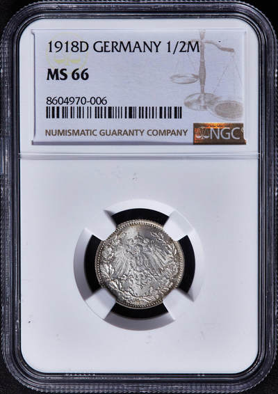 【俄甄集藏】2025年(045)12-03 星期三 晚 19:30 全场包邮 - 德国1918年威廉二世D版1/2马克银币，NGC MS66，黄油环彩，顶级转光