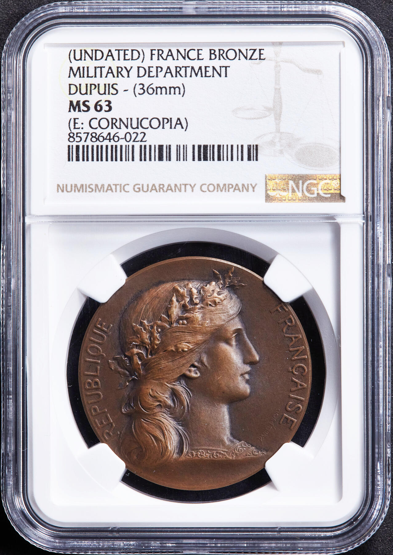 【俄甄集藏】2025年(045)12-03 星期三 晚 19:30 全场包邮 法国19世纪玛丽安娜头像战争部颁发军事准备公益医疗铜质奖章，NGC MS63，巧克力包浆，丰饶角铭，直径：36mm，授予布隆多医生，表彰其向宪兵队提供免费医疗服务