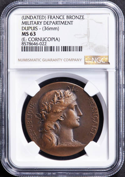 【俄甄集藏】2025年(045)12-03 星期三 晚 19:30 全场包邮 - 法国19世纪玛丽安娜头像战争部颁发军事准备公益医疗铜质奖章，NGC MS63，巧克力包浆，丰饶角铭，直径：36mm，授予布隆多医生，表彰其向宪兵队提供免费医疗服务