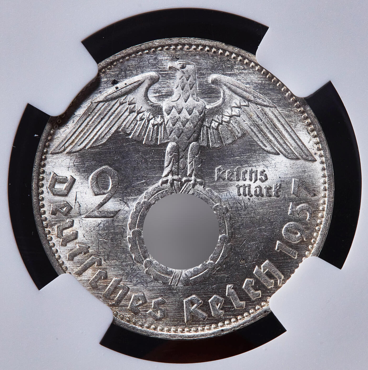 【俄甄集藏】2025年(045)12-03 星期三 晚 19:30 全场包邮 德国第三帝国1937年E版2马克银币，NGC MS63，车轮转光，原图联系客服或前往对应官网进行查询