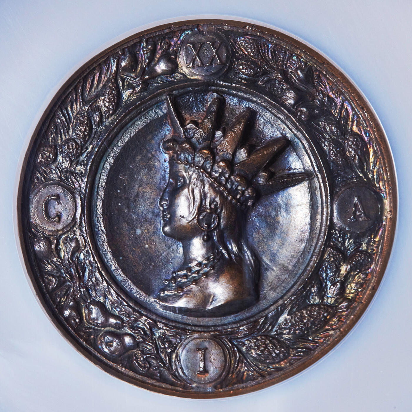 【俄甄集藏】2025年(045)12-03 星期三 晚 19:30 全场包邮 巴西1922年纪念第21届国际地震学大会在里约热内卢召开大铜章，NGC MS64，直径：61.5mm，紫罗兰包浆，稀少品种