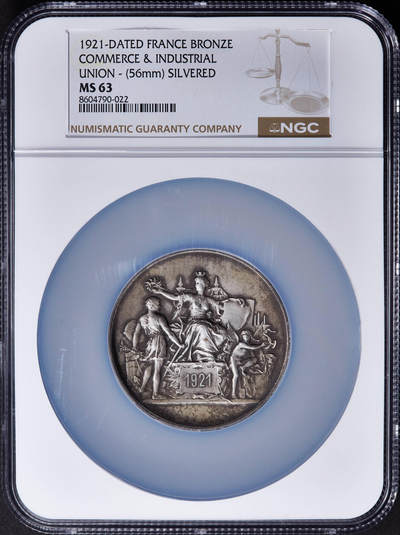 【俄甄集藏】2025年(045)12-03 星期三 晚 19:30 全场包邮 - 法国1921年法兰西女神造像纪念巴黎工商业联盟镀银铜质奖章，NGC MS63，授予工商业领域贡献者L·德洛特，直径：56mm，原味老包浆，设计精美