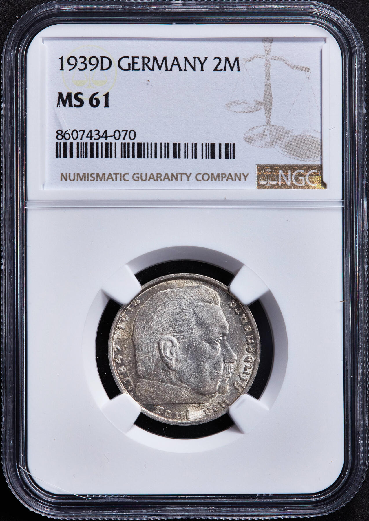 【俄甄集藏】2025年(045)12-03 星期三 晚 19:30 全场包邮 德国第三帝国1939年D版2马克银币，NGC MS61，黄油彩转光品相，原图联系客服或前往对应官网进行查询