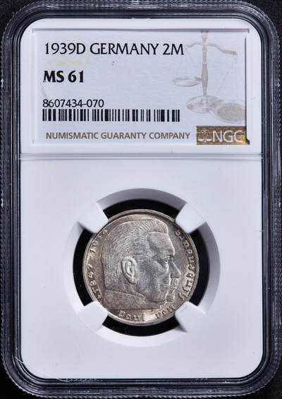 【俄甄集藏】2025年(045)12-03 星期三 晚 19:30 全场包邮 - 德国第三帝国1939年D版2马克银币，NGC MS61，黄油彩转光品相，原图联系客服或前往对应官网进行查询