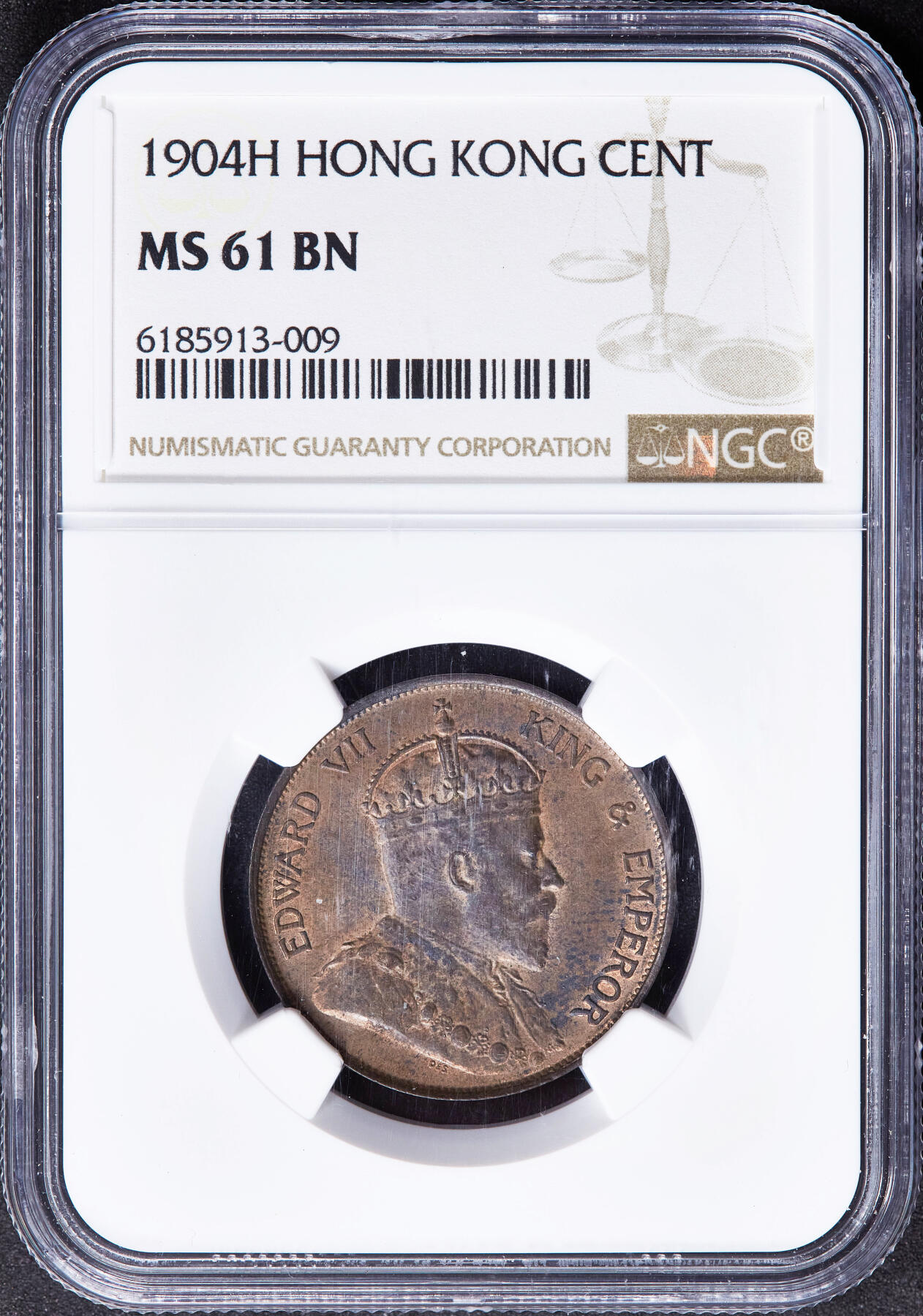 【俄甄集藏】2025年(045)12-03 星期三 晚 19:30 全场包邮 英属香港1904年爱德华七世H版大1分铜币，NGC MS61，巧克力包浆，底光犹存