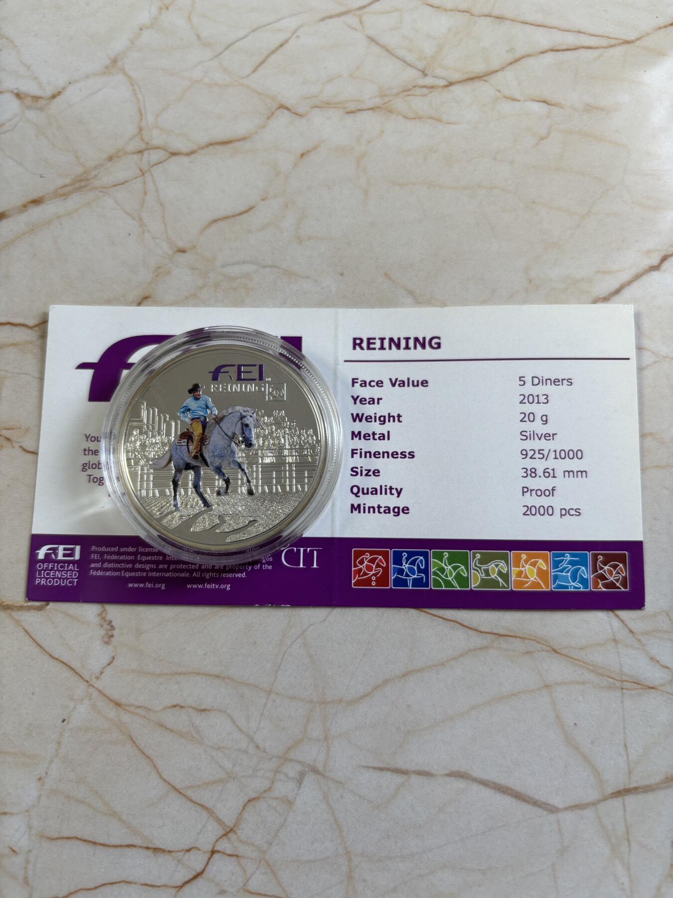 第183期拍卖 安道尔2013年FEI马术世界杯比赛20克精制彩色纪念银币4带证书,925银，发行量2000枚