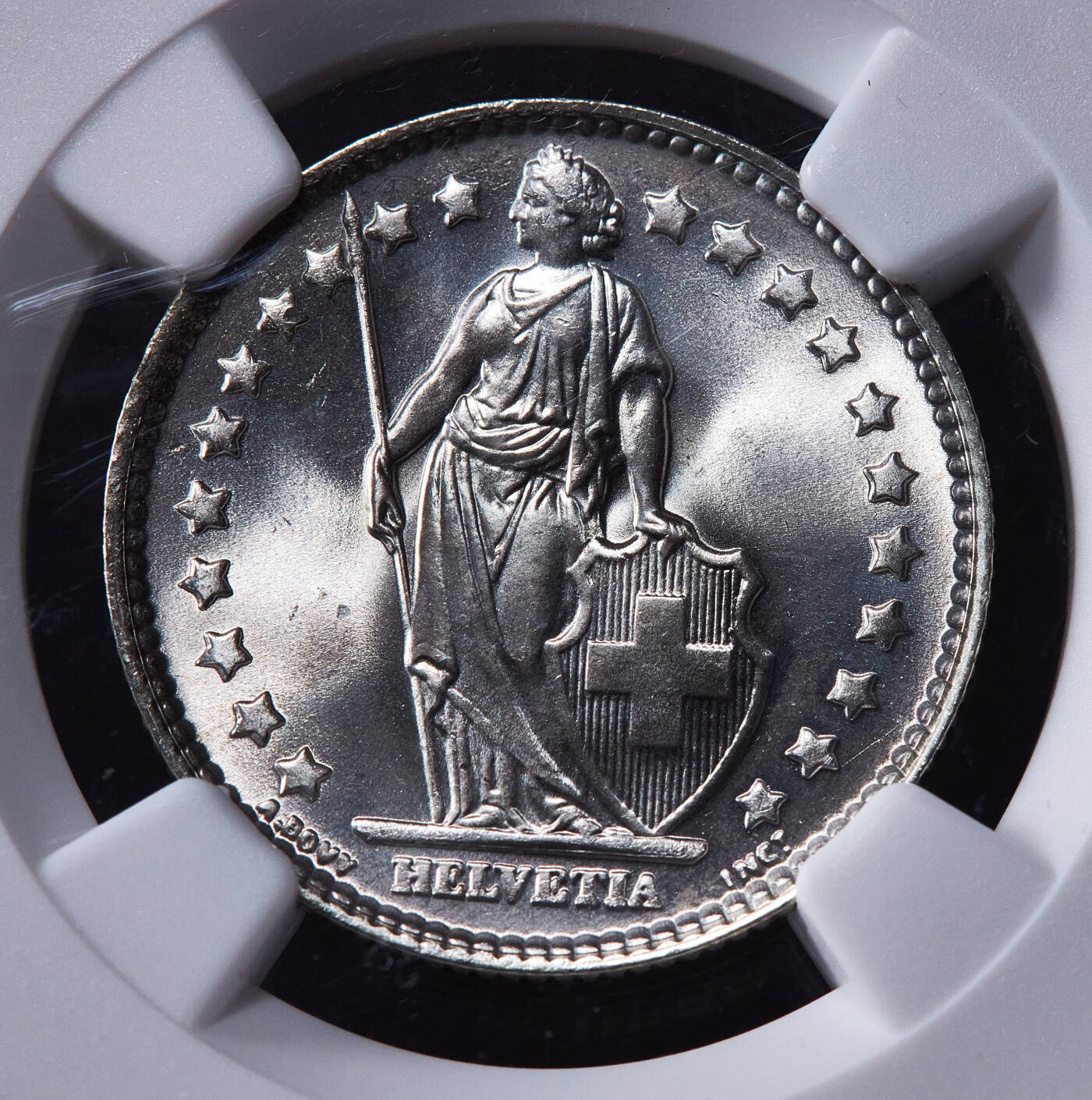 【俄甄集藏】2025年(045)12-03 星期三 晚 19:30 全场包邮 瑞士1964年B版1法郎银币，NGC MS67，顶级车轮转光