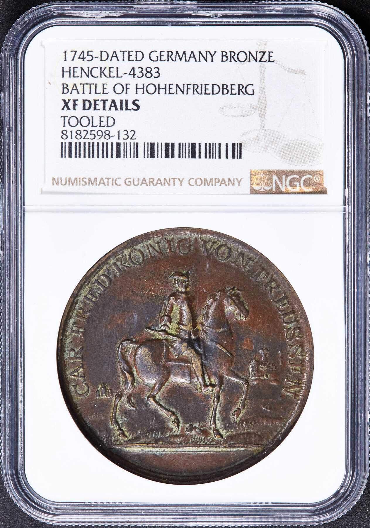 【俄甄集藏】2025年(045)12-03 星期三 晚 19:30 全场包邮 德国1745年腓特烈大帝骑马像纪念霍亨弗里德贝格战役大铜章，NGC XFD，稀有品种