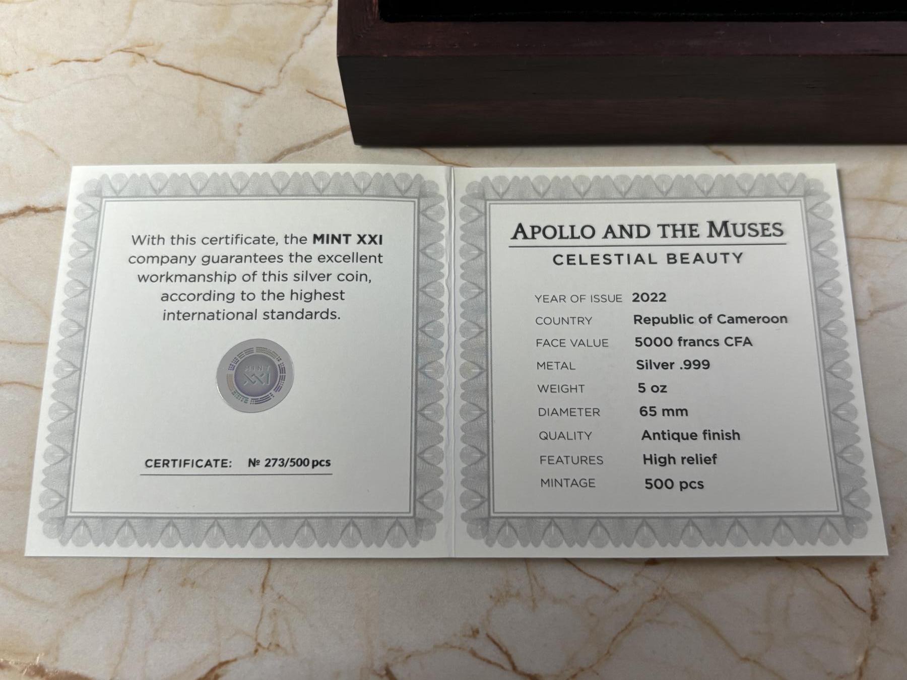 第183期拍卖 喀麦隆2022年国色天姿阿波罗和缪斯女神5盎司银币，999银，发行500枚，边缘有氧化