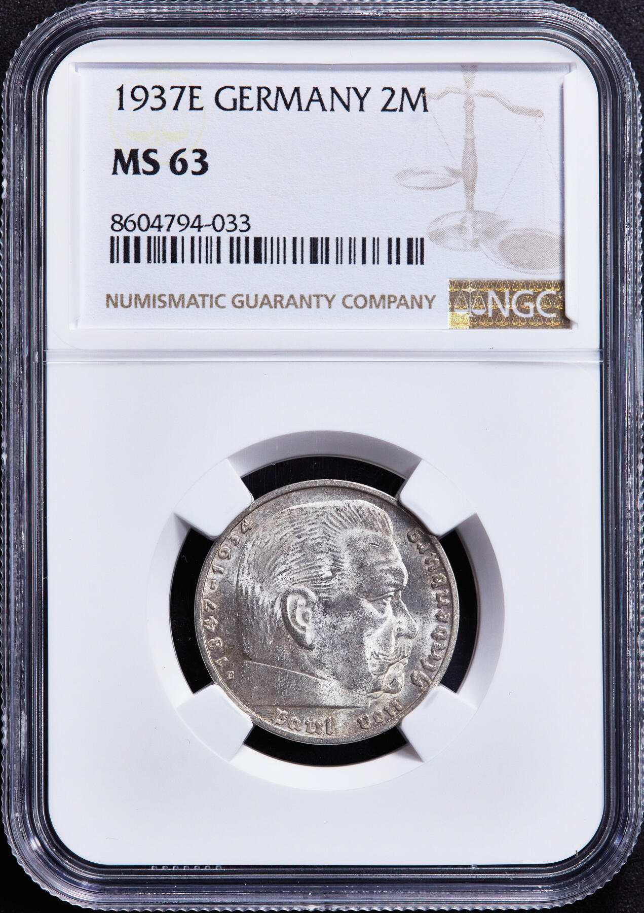 【俄甄集藏】2025年(045)12-03 星期三 晚 19:30 全场包邮 德国第三帝国1937年E版2马克银币，NGC MS63，车轮转光，原图联系客服或前往对应官网进行查询