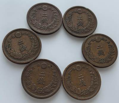 外国优质老铜币银币，周六九点倒数截拍，满百包邮，可寄存半年，喜欢朋友微信扫描二维码可直接参拍 - 日本明治八年（1875年）-明治十六年（1883年）二钱大铜币6枚