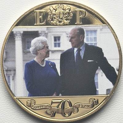 ＜小葵钱铺＞第66期·散币·银币场·满200包邮，不寄存·12月1号发货 - 直布罗陀2017年七十年的奉献•女王和菲利普亲王彩色肖像1克朗镀金纪念币