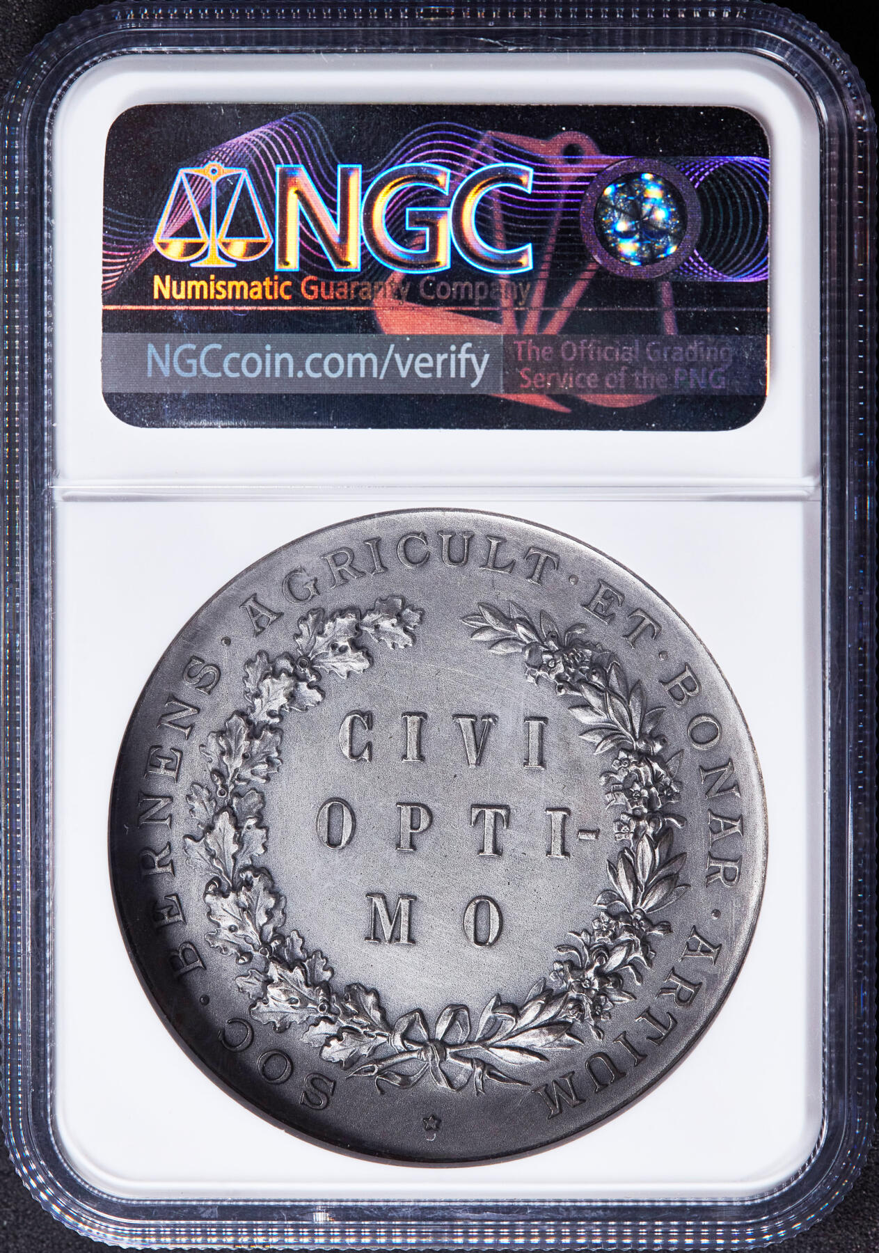 【俄甄集藏】2025年(045)12-03 星期三 晚 19:30 全场包邮 瑞士1759年伯尔尼农业与工商业经济协会表彰大银章，NGC MS62，磨砂底板，雕刻家弗朗索·洪贝格作品，稀有