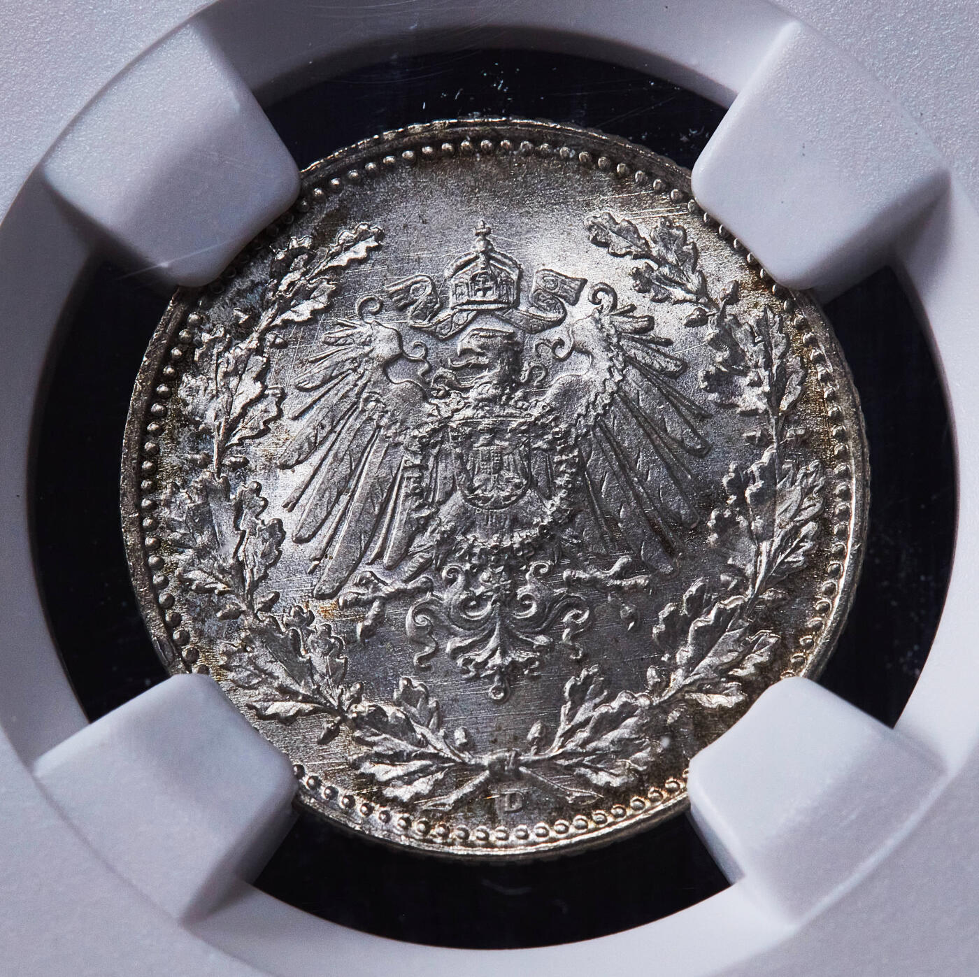 【俄甄集藏】2025年(045)12-03 星期三 晚 19:30 全场包邮 德国1918年威廉二世D版1/2马克银币，NGC MS66，黄油环彩，顶级转光