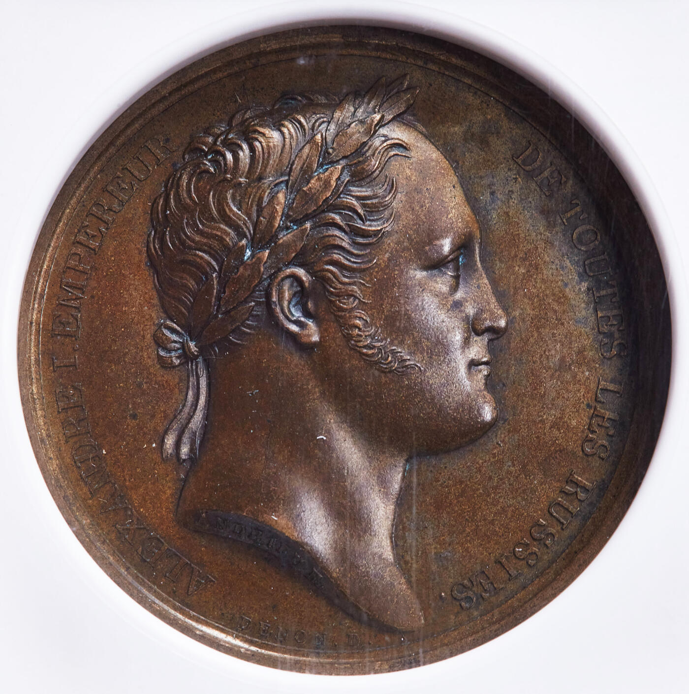 【俄甄集藏】2025年(045)12-03 星期三 晚 19:30 全场包邮 沙俄1814年亚历山大一世访问巴黎纪念高浮雕大铜章，NGC MS63，巧克力包浆，状态很好