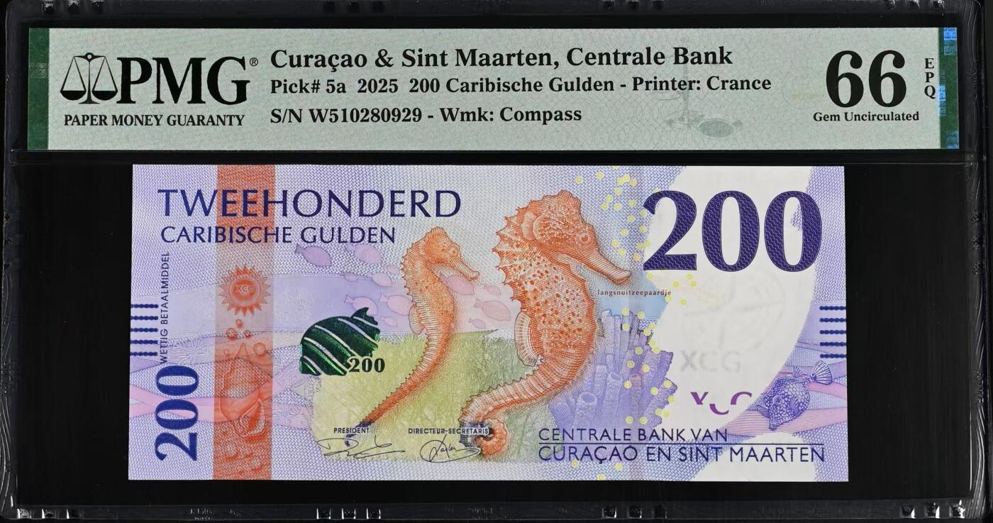 【礼羽收藏】🌏世界钱币拍卖第114期 库拉索与圣马丁200盾，最大面值少见，无47更稀缺，PMG66高分