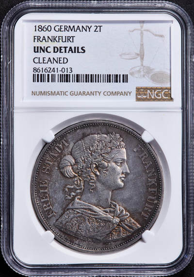 【俄甄集藏】2025年(045)12-03 星期三 晚 19:30 全场包邮 - 德国法兰克福1860年少女2泰勒大银币，NGC UNCD，五彩包浆，转光品相，疑似错杀