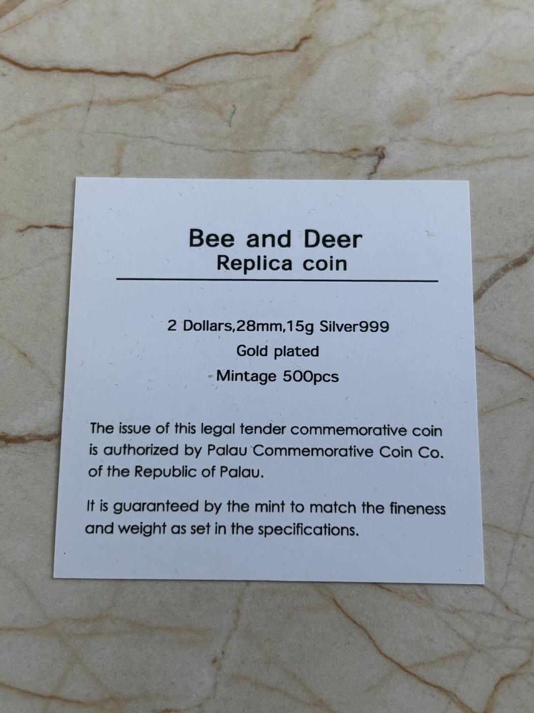 第183期拍卖 帕劳2022年蜜蜂与雄鹿镀金纪念银币，15克，999银，发行500枚