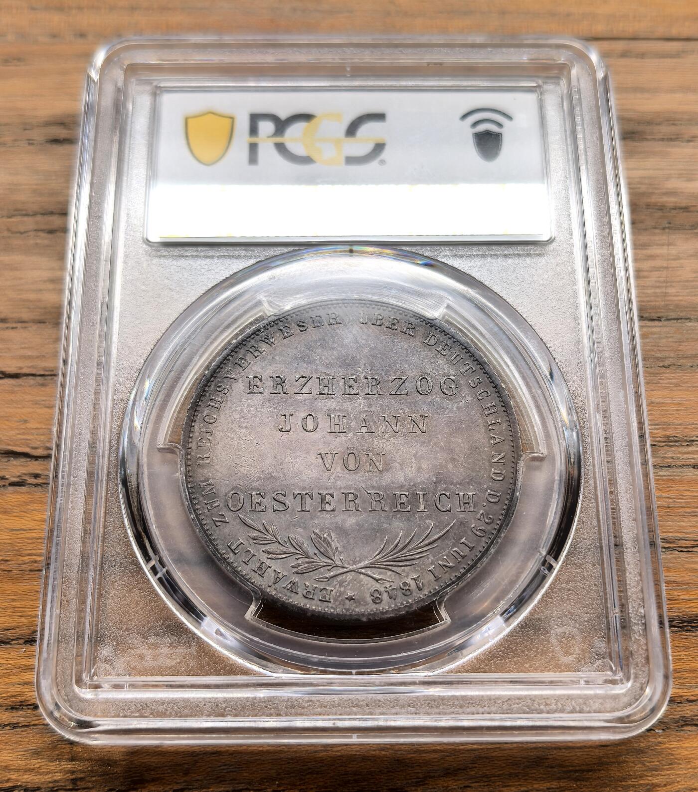 纫秋兰以为佩·凡希社微拍感恩专场 1848德国法兰克福议会纪念2盾大银NGC-MS62，黑彩，纸袋包浆，味道好！