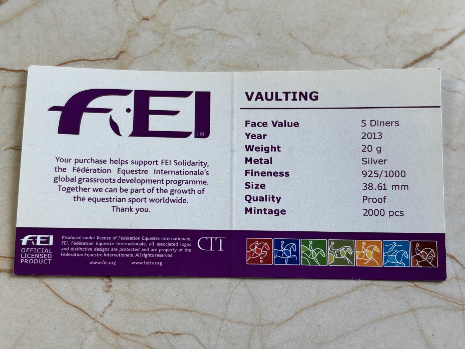 第183期拍卖 安道尔2013年FEI马术世界杯比赛20克精制彩色纪念银币1带证书,925银，发行量2000枚