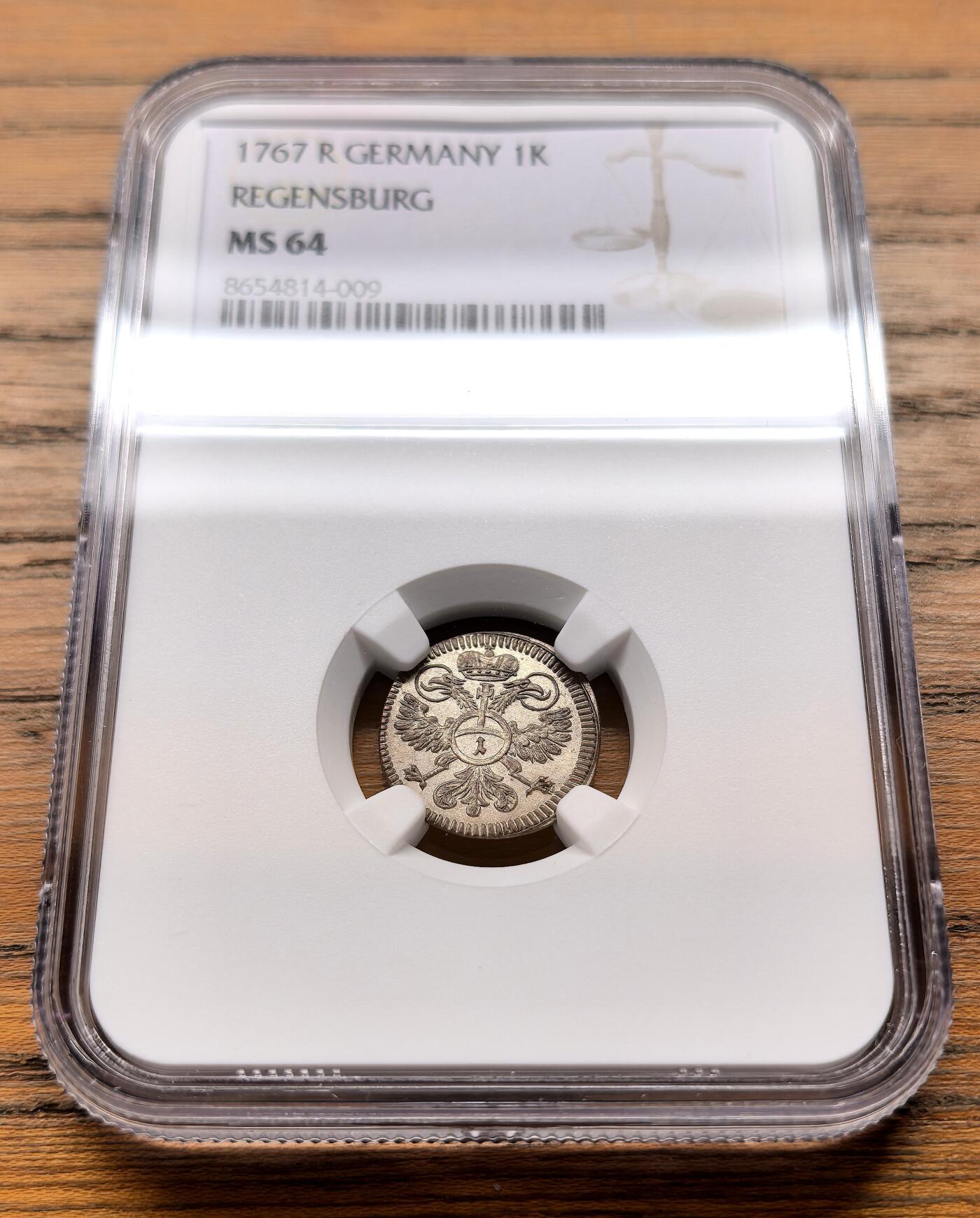 纫秋兰以为佩·凡希社微拍感恩专场 1767R神罗雷根斯堡1K银币NGC-MS64，罕见收藏级品质！