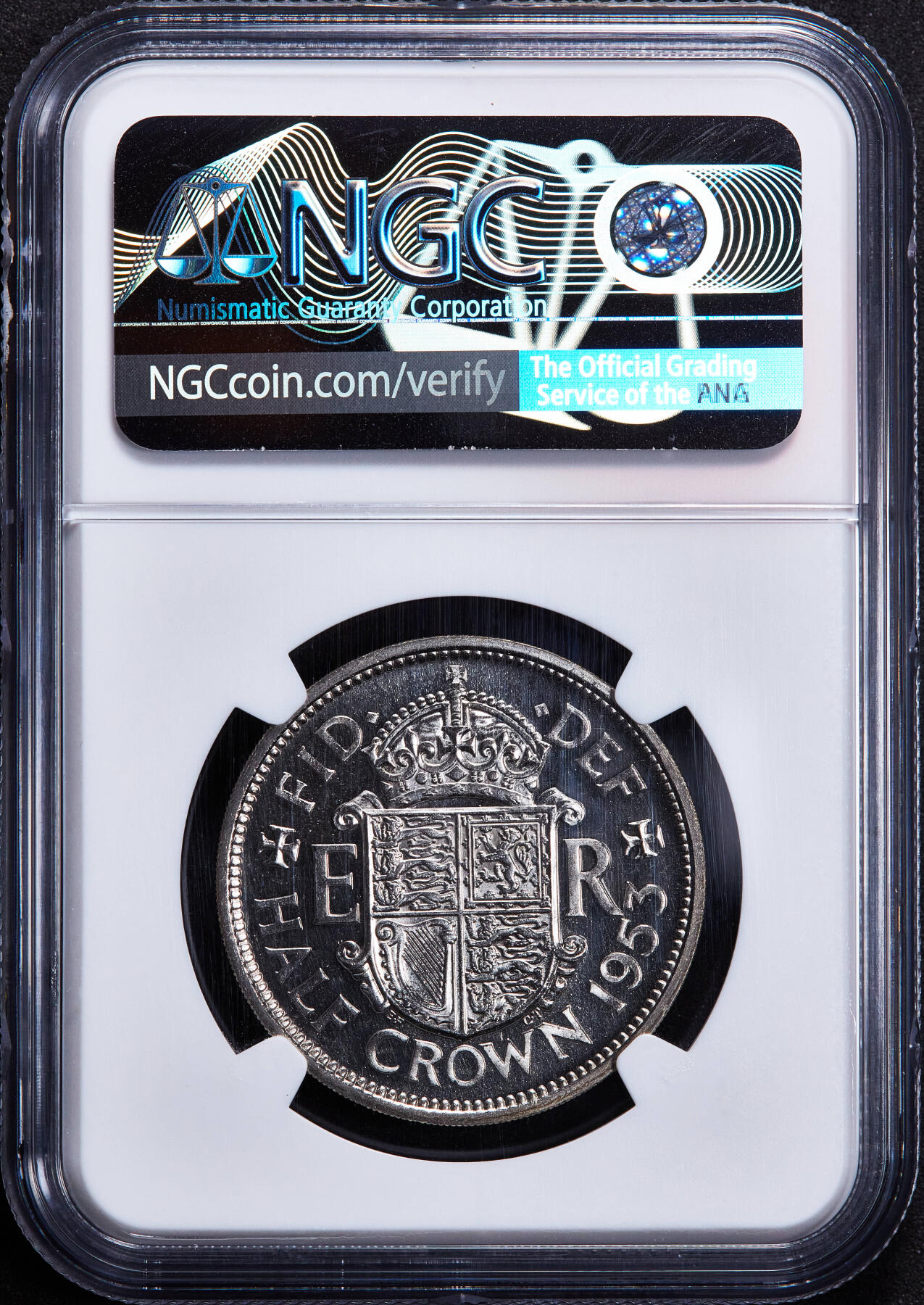 【俄甄集藏】2025年(045)12-03 星期三 晚 19:30 全场包邮 英国1953年伊丽莎白二世加冕半克朗精制纪念币，NGC PF65，凝霜感强