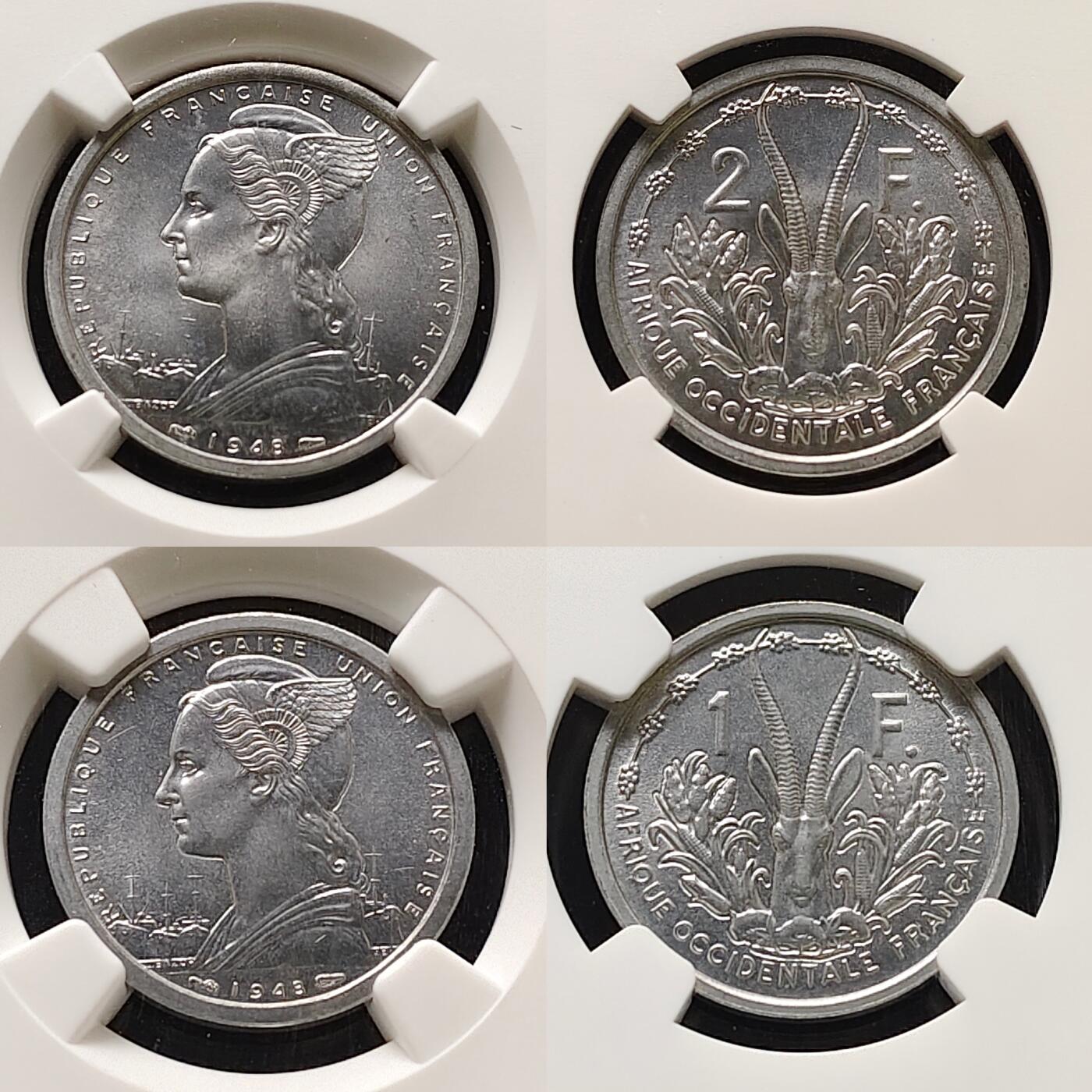 【全场包邮】纯粹捡漏拍483场（免费代拍第20场） 【收藏级】法属留尼旺1948年1-2法郎套币-NGC MS65