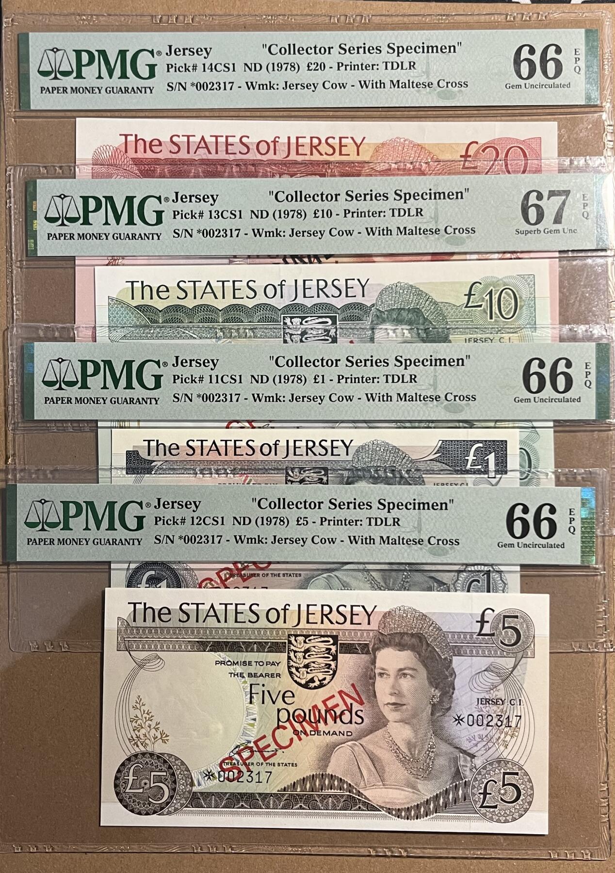 【礼羽收藏】🌏世界钱币拍卖第114期 【PMG66、67】【*002317】1978年泽西岛1、5、10、20镑样钞 四张全同号 千位号