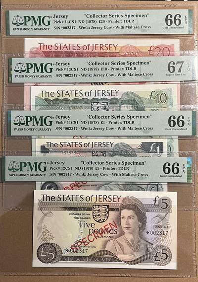 【礼羽收藏】🌏世界钱币拍卖第114期 - 【PMG66、67】【*002317】1978年泽西岛1、5、10、20镑样钞 四张全同号 千位号