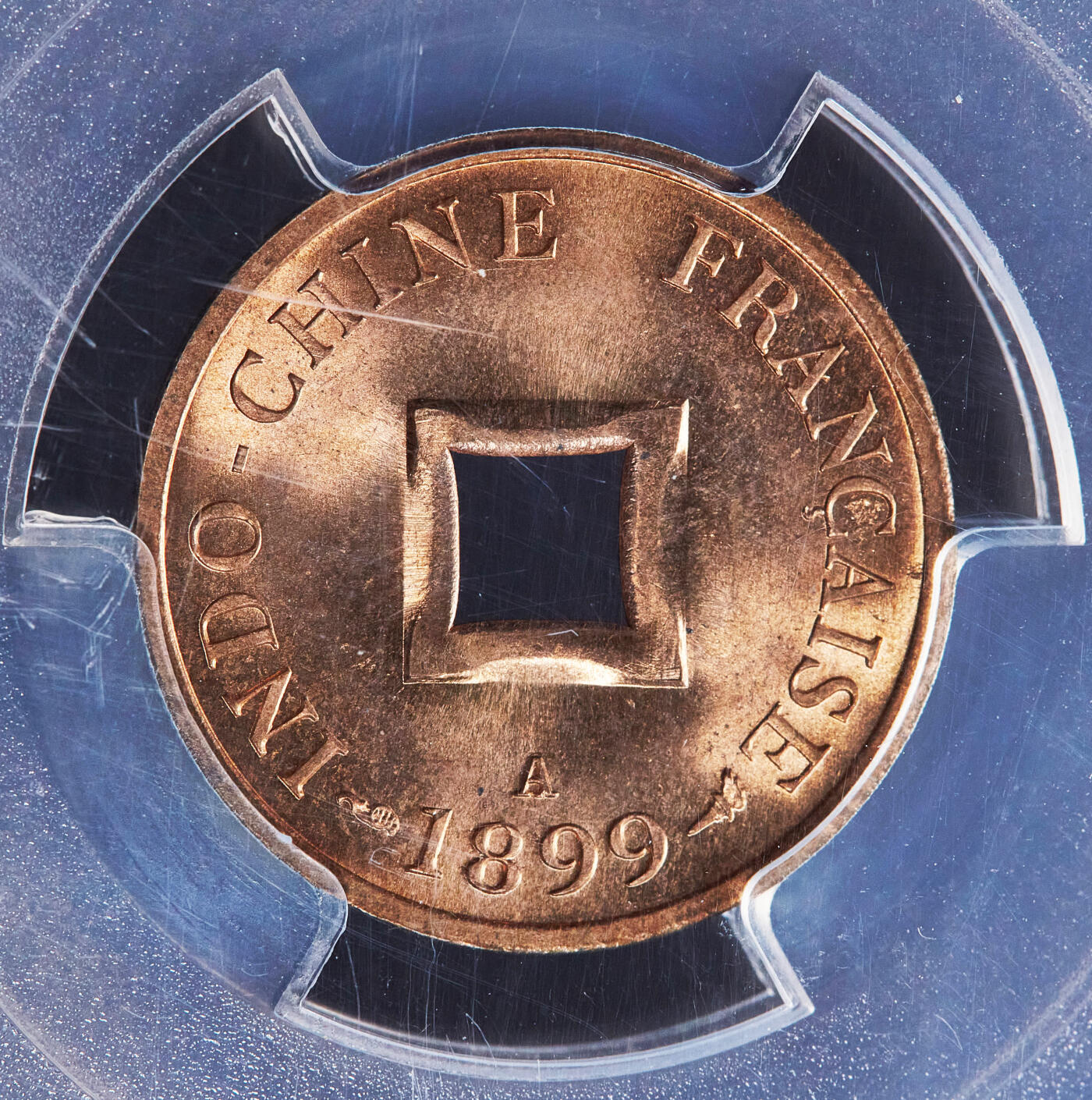 【俄甄集藏】2025年(045)12-03 星期三 晚 19:30 全场包邮 法属印度支那1899年A版中孔当二铜币，PCGS MS65RD，原铜光难得，顶级状态