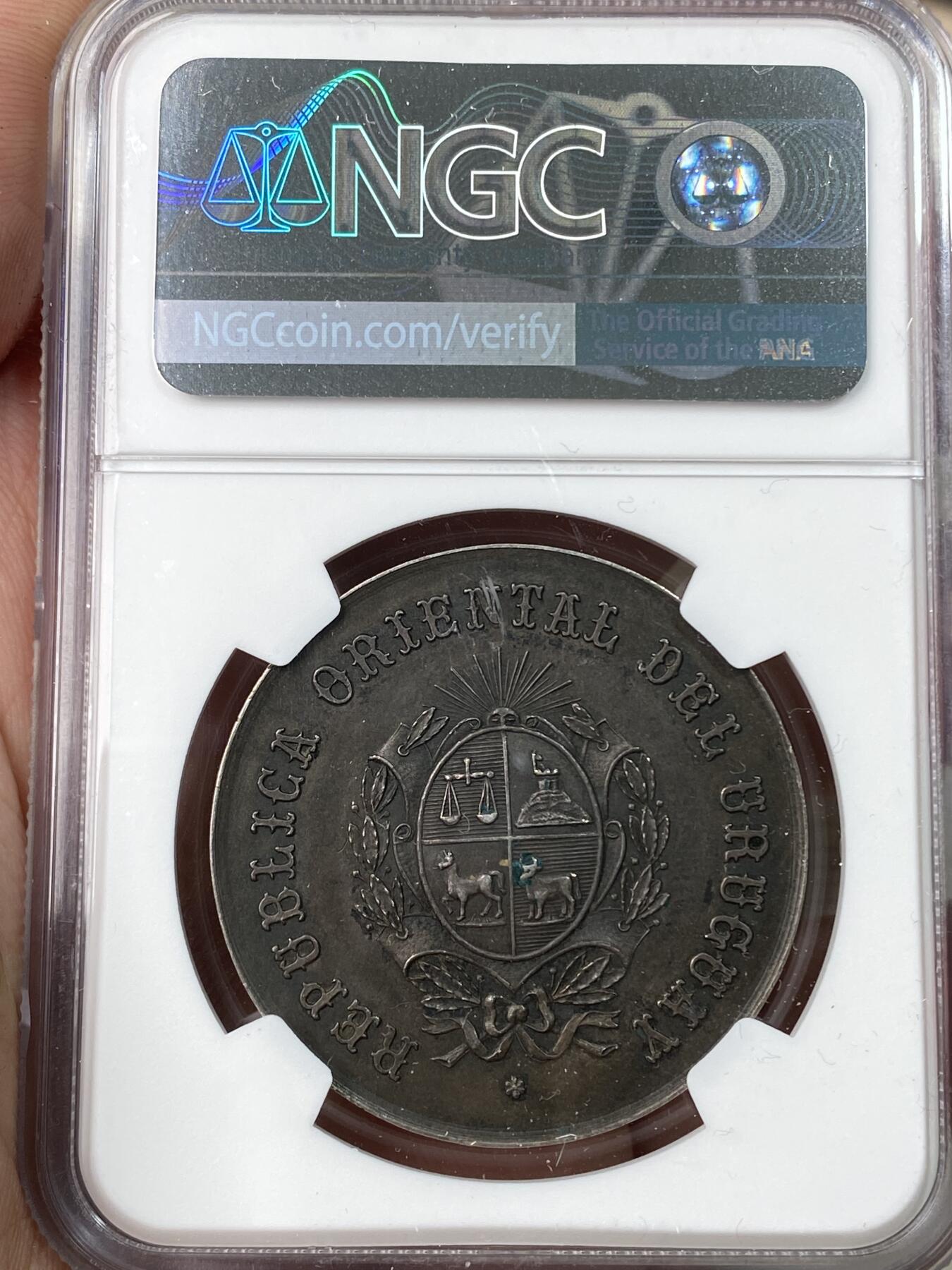 万国钱币拍卖第056期 NGC MS61 1901年乌拉圭共和国迎接新世纪纪念银章 南美女神罕见 黑包浆乌拉圭盾徽配花体字非常漂亮首见品种