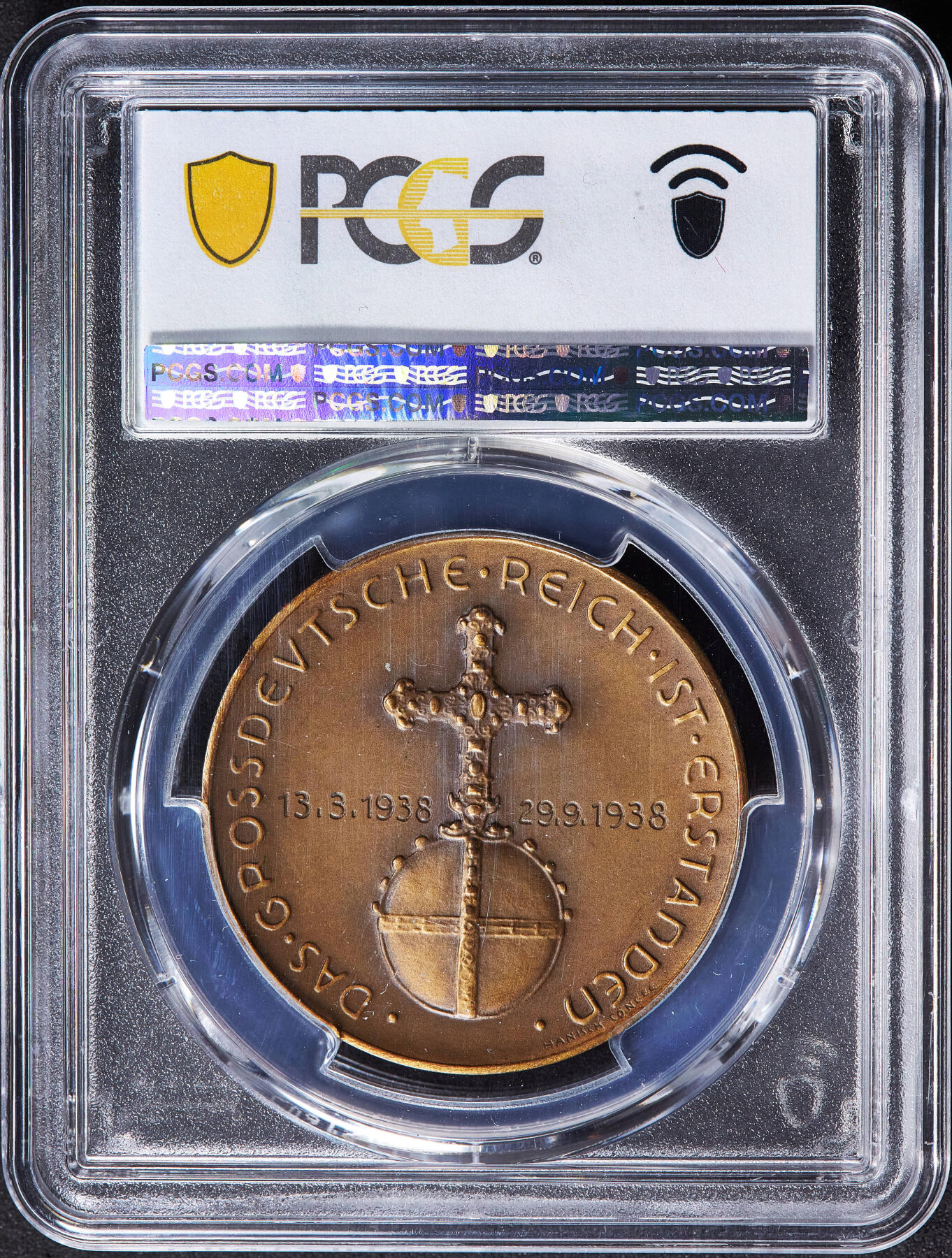 【俄甄集藏】2025年(045)12-03 星期三 晚 19:30 全场包邮 德国第三帝国1938年纪念德国吞并奥地利铜章，PCGS SP63，磨砂底板，铜章少见，原图联系客服或前往对应官网进行查询