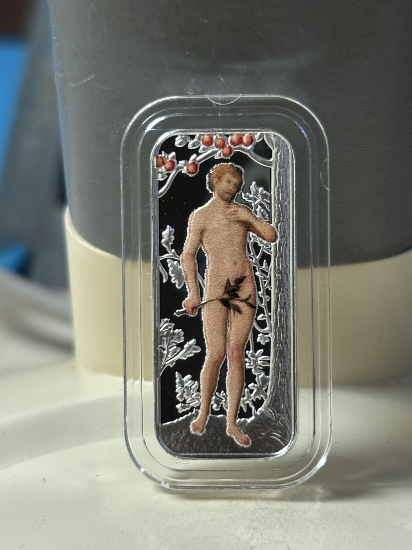 第183期拍卖 喀麦隆2018伊甸园亚当和夏娃彩印条形组合银币，999银，10克*2，发行999套