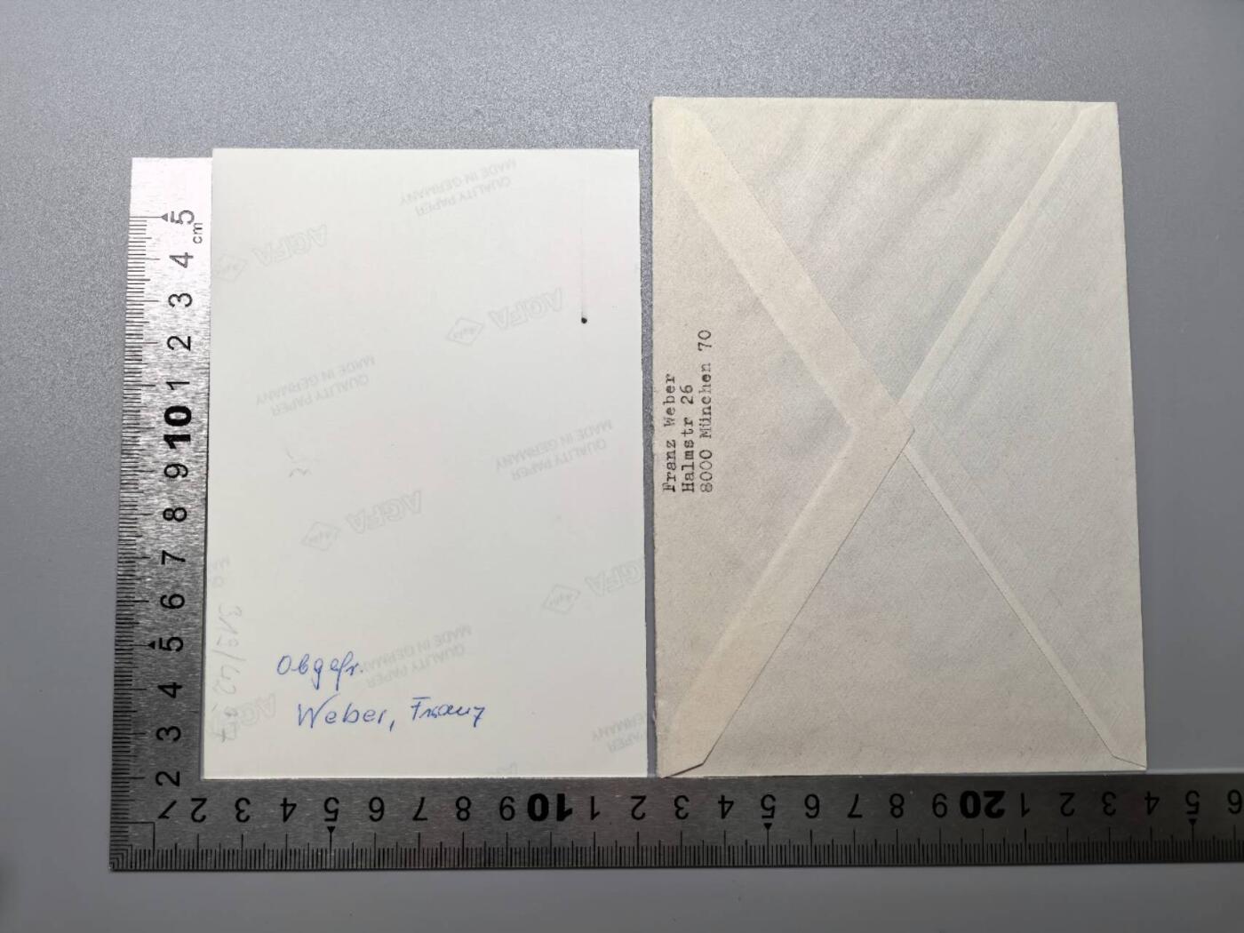 小驴勋章奖章收藏11月29日周六晚六点拍卖（珍爱和平，收藏战争，铭记历史，勿忘国耻，忠党爱国。有偿代拍，送拍规则在简介最后，参拍须阅读规则后再参拍，关系到运费包装发货时效真假辨别等关键信息，拍卖时不再发原图，看大图店主微信码在拍卖店铺介绍里） 士兵中的骑士铁十字勋章获得者，100次坦克突击勋章获得者弗朗茨·韦伯（Franz Weber）战后签名照带信封