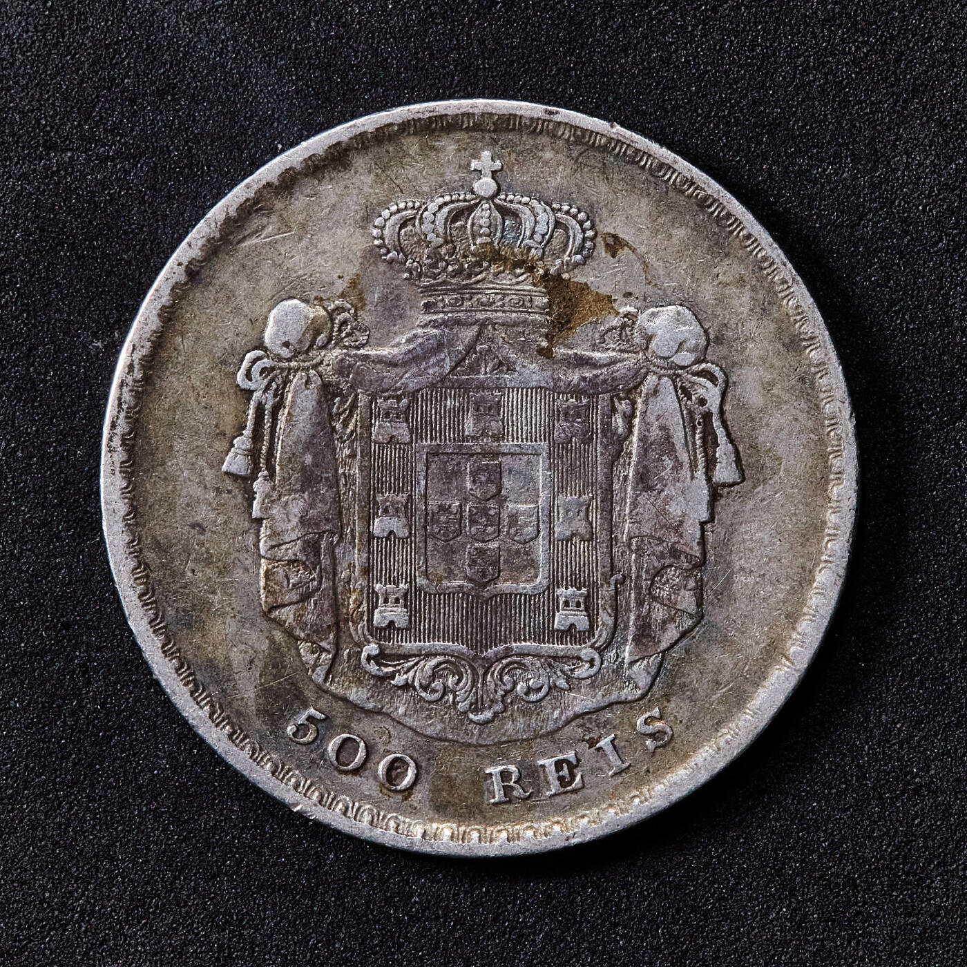 【俄甄集藏】2025年(045)12-03 星期三 晚 19:30 全场包邮 葡萄牙王国1855年佩德罗五世500瑞斯银币，黄油彩原味老包浆