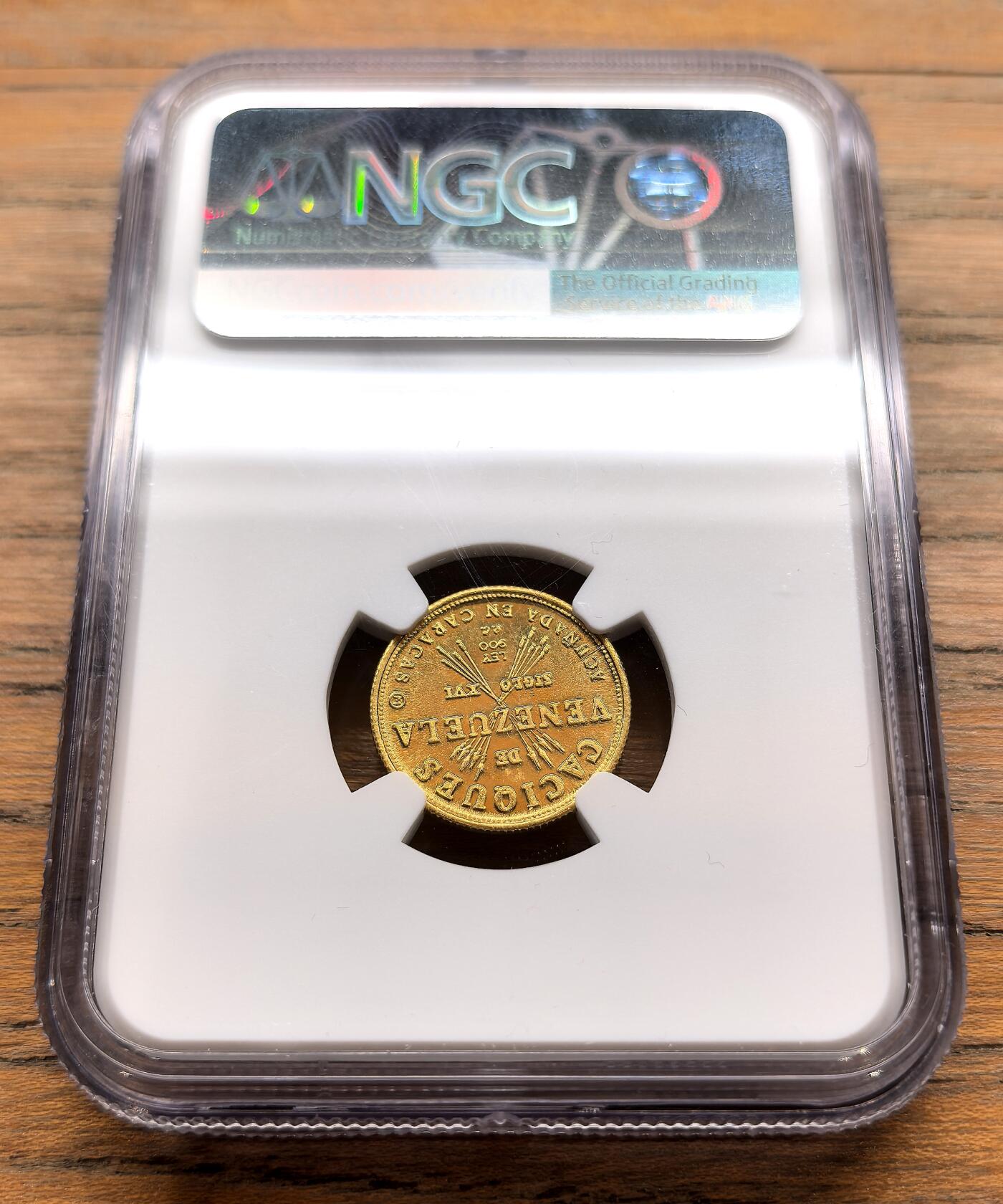 纫秋兰以为佩·凡希社微拍感恩专场 荐！1962委内瑞拉印第安土著英雄CHACAO纪念10B金币NGC-MS66，60年度委内瑞拉铸造了小批量的土著系列作为礼品馈赠，每种存世量500枚以内，今已经相当罕见，2.99g，900金。