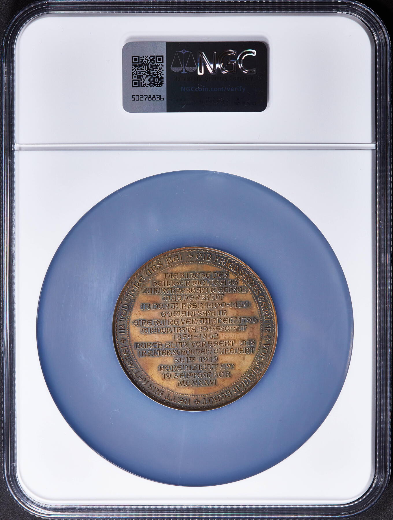 【俄甄集藏】2025年(045)12-03 星期三 晚 19:30 全场包邮 德国1926年纪念基希贝格的圣沃尔夫冈朝圣教堂完成重建大铜章，NGC MS63，稀有品种，直径：52mm