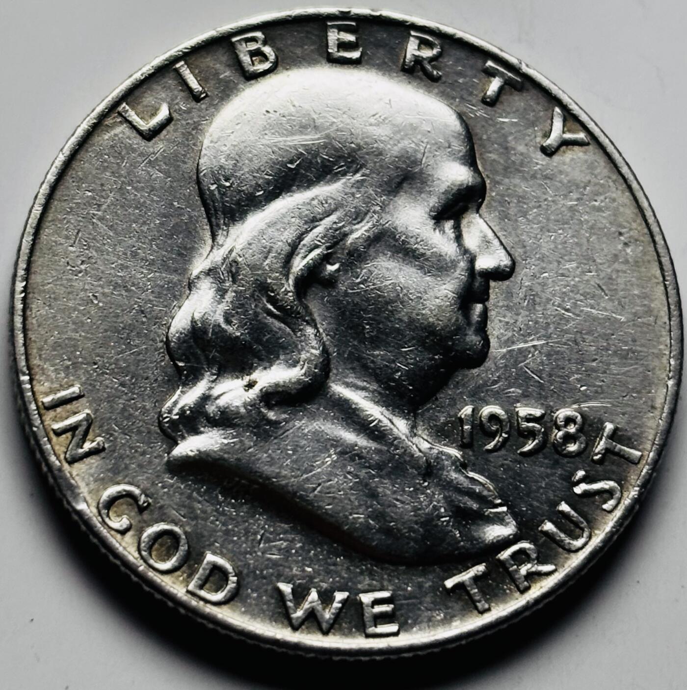 文馨钱币收藏第 284 场，【 长期接收代拍品】老藏家拍品南朝鲜李承晚时期货币，泰国大型纪念币，土耳其各时期及各国套币场 车轮转光美品 1958 年美国富兰克林半美元银币 D 版