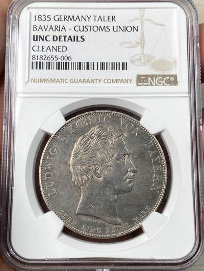 万国钱币拍卖第056期 - NGC UNCD 1835年德国巴伐利亚路德维希一世纪念巴登加入关税同盟历史大泰勒 历史系列中的少见品种 原味双面淡彩