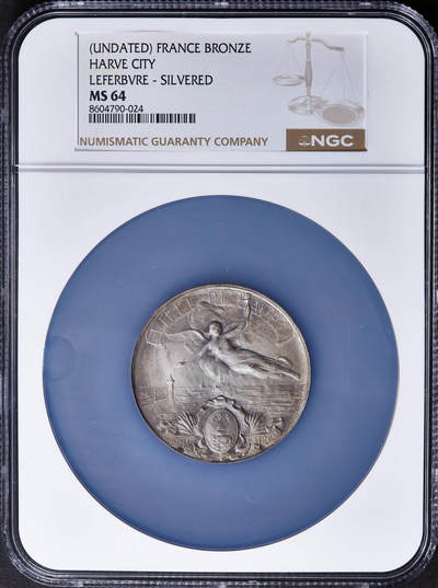 【俄甄集藏】2025年(045)12-03 星期三 晚 19:30 全场包邮 - 法国19世纪新艺术运动时期勒阿弗尔市城市景观纪念镀银大铜章，NGC MS64，正面为象征城市希望与繁荣的展翼女神，下方为城市纹章，直径：50mm，设计精美，稀有品种