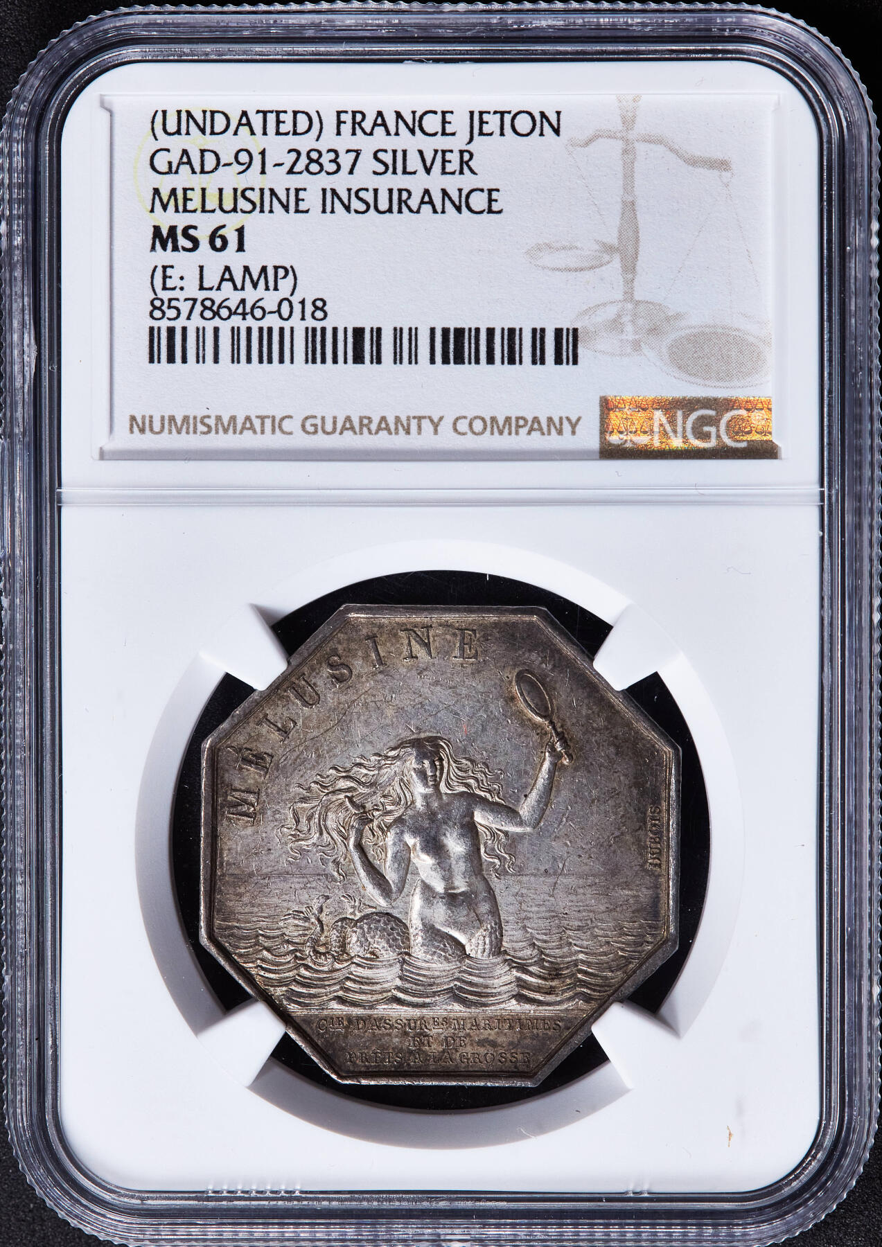 【俄甄集藏】2025年(045)12-03 星期三 晚 19:30 全场包邮 法国1836年海妖梳妆银质八角代用币章（美人鱼打网球），NGC MS61，名誉品，八角目录封面，油灯边铭，黄油酱彩老包浆
