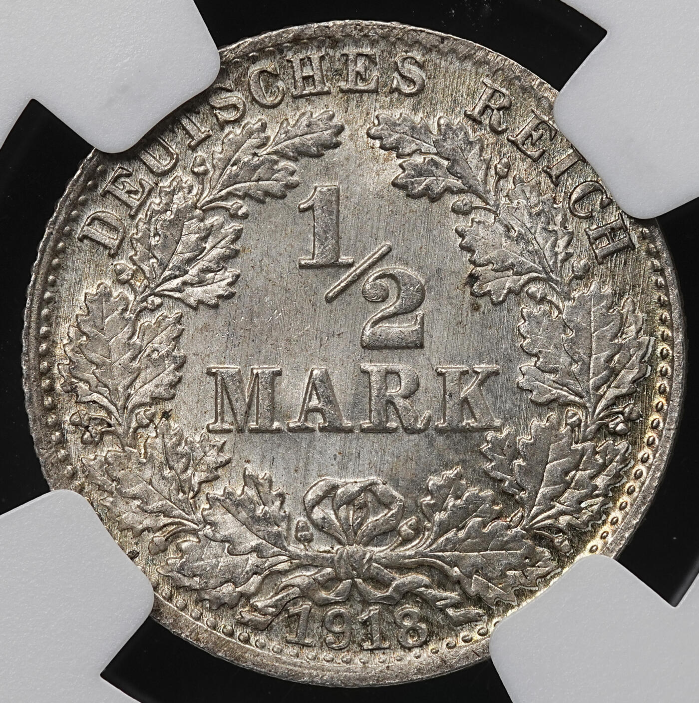 修遠堂世界钱币第九十五期 NGC MS66 1918年德国1/2马克银币 D厂铭