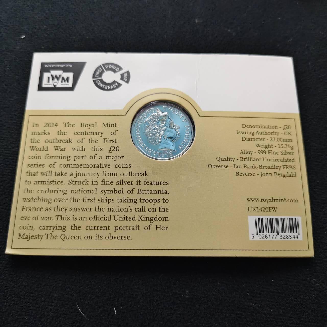 【全场包邮】纯粹捡漏拍483场（免费代拍第20场） 英国2014年20镑一战结束一百周年官方卡装纪念银币