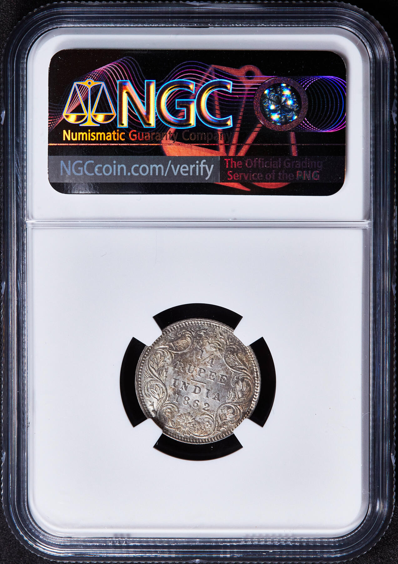 【俄甄集藏】2025年(045)12-03 星期三 晚 19:30 全场包邮 英属印度1862年维多利亚高冠1/4卢比银币，NGC MS62，加尔各答厂，黄油环彩，原光品相