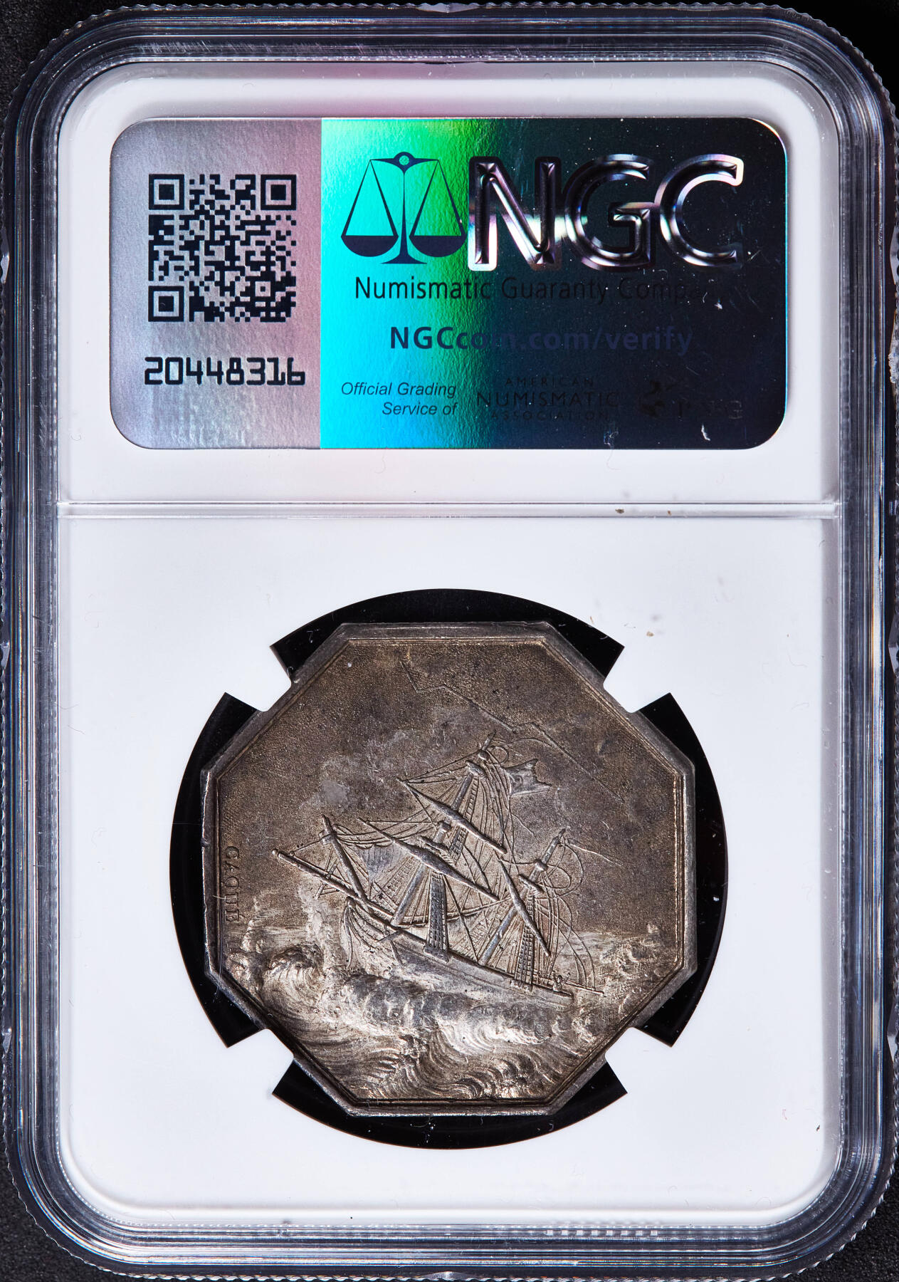 【俄甄集藏】2025年(045)12-03 星期三 晚 19:30 全场包邮 法国1836年海妖梳妆银质八角代用币章（美人鱼打网球），NGC MS61，名誉品，八角目录封面，油灯边铭，黄油酱彩老包浆