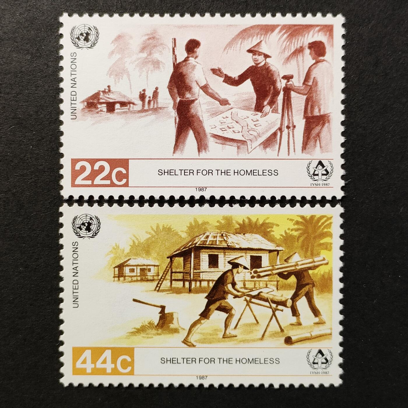 ↓君缘收藏665期☞钱币邮品↓无佣金、可寄存、满30元包邮  联合国纽约邮票，1987年为无家可归者提供住所邮票2全