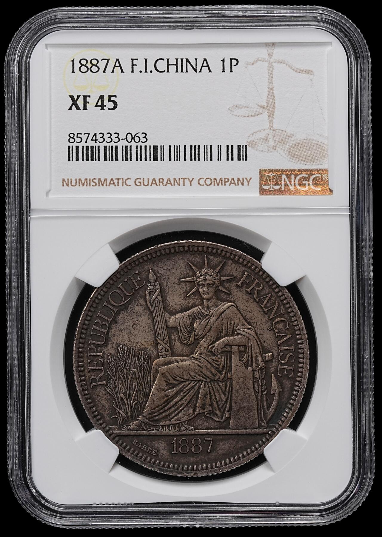 修遠堂世界钱币第九十五期 NGC XF45 1887年法属印支坐人大银币 早期加重版