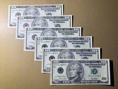 《艾美收藏》第222期-11.30周日外币畅拍 - 美国10美元6张 UNC 2001年 边缘轻微荧光