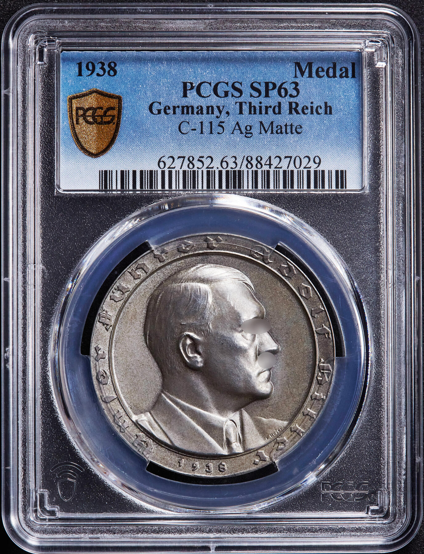 【俄甄集藏】2025年(045)12-03 星期三 晚 19:30 全场包邮 德国第三帝国1938年党魁头像政党大事记纪念银章，PCGS SP63，稀少年号版别，原图联系客服或前往对应官网进行查询